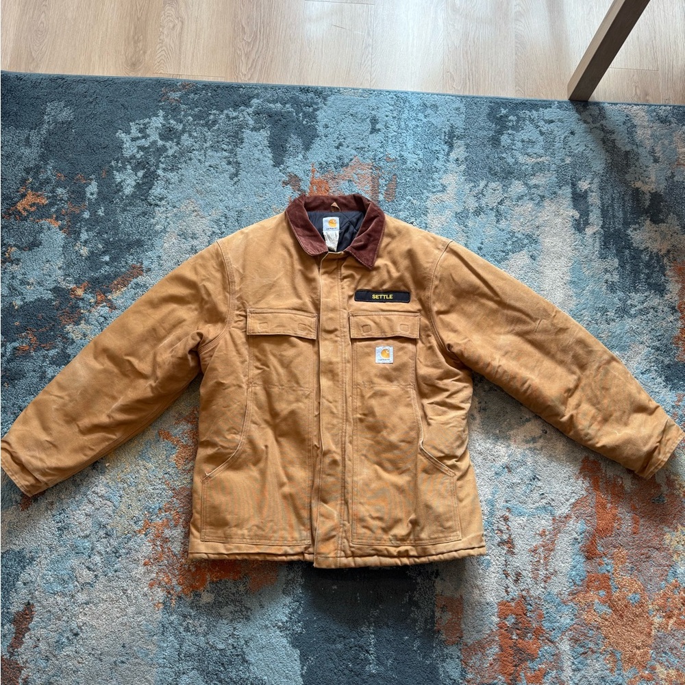 Carhartt Tan Duck Canvas Jacket with Brown Corduroy Collar